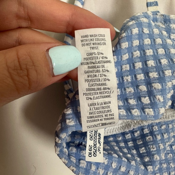 AERIE seersucker ruffle longline triangle bikini top plaid blue and white Size S - Picture 10 of 10